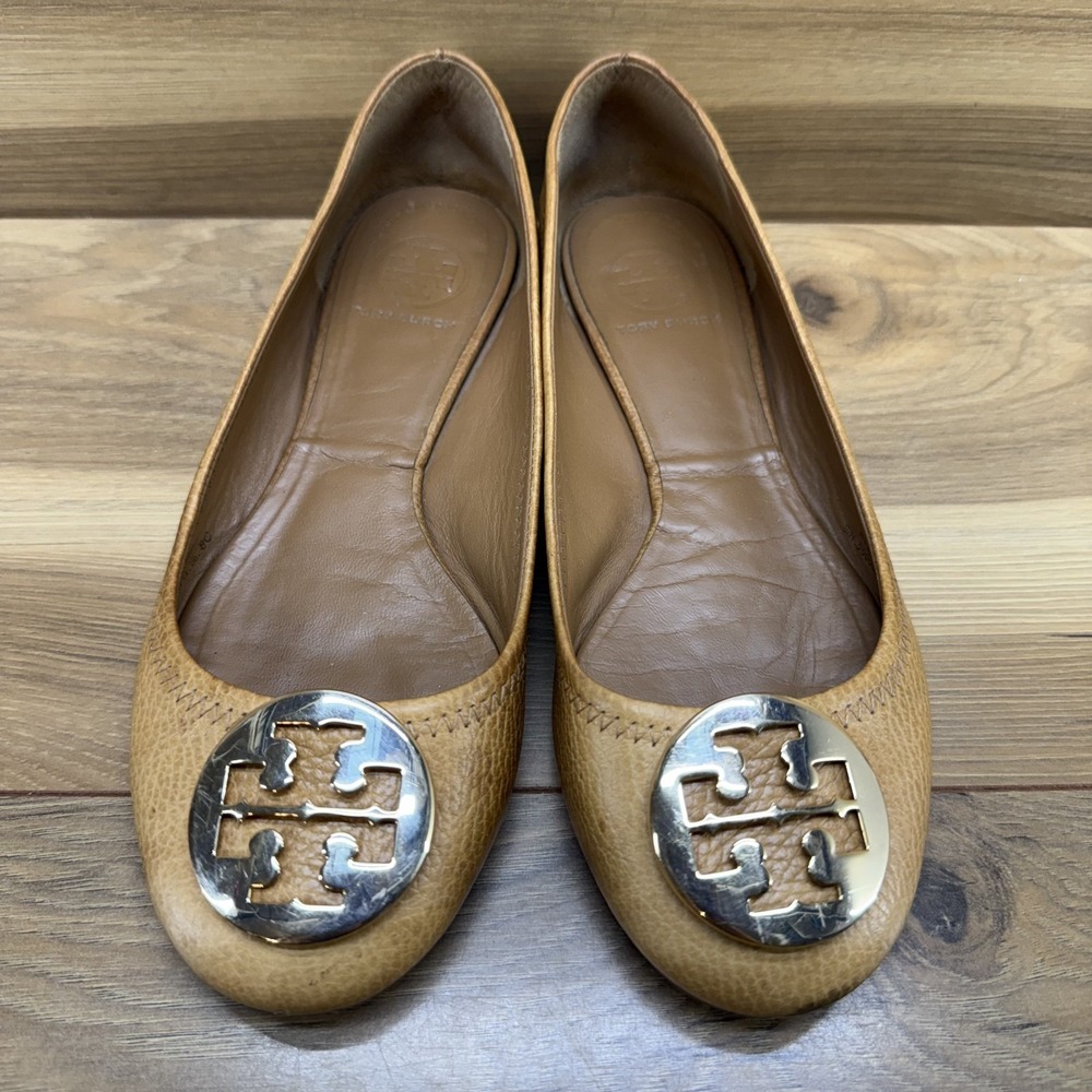 Tory Burch Reva Flats Royal Tan Leather 8 C Gold Logo Modern Office Ballet